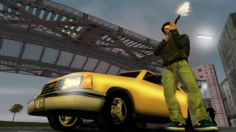 Claude fires a gun by a taxi in Grand Theft Auto III