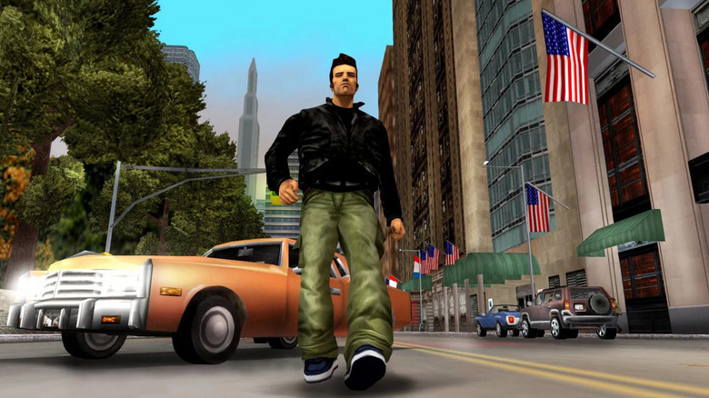 Claude walks down the street in Grand Theft Auto III
