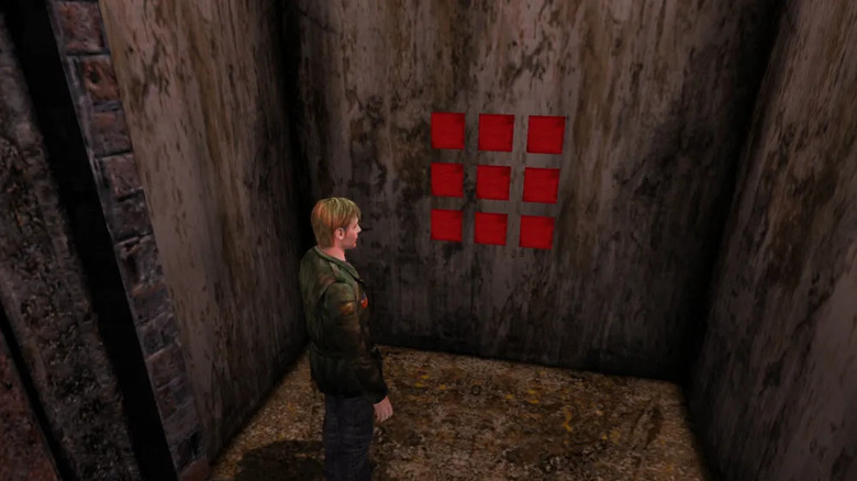 James Sunderland looks at a grid of red papers in Silent Hill 2 (2001)
