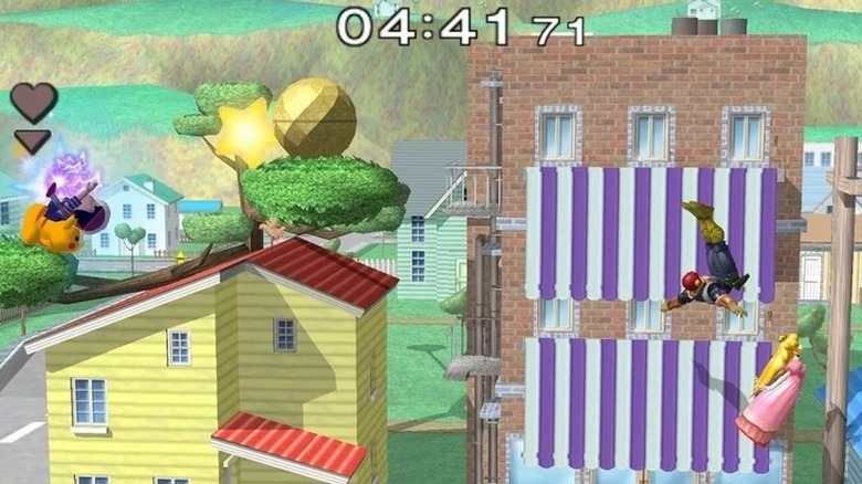 Pikachu, Ness, Captain Falcon, and Peach fight each other in Super Smash Bros. Melee