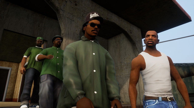 CJ Johnsons walks out with his gang in Grand Theft Auto: San Andreas