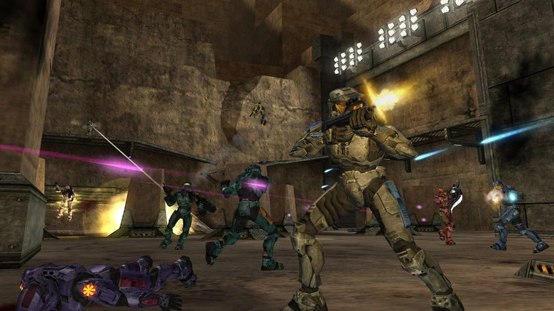 A group of Spartans shoot at each other in Halo 2