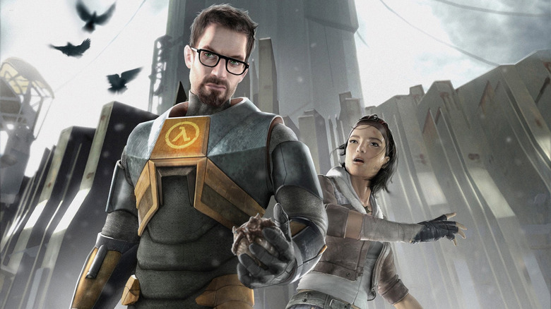 Gordon Freeman and Alyx Vance stand together as crows fly overhead on promotional artwork for Half-Life 2