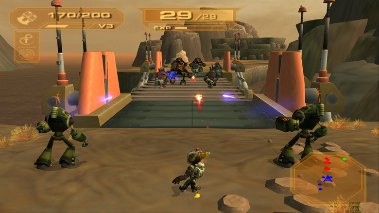 Ratchet shoots at a group of robots on a bridge in Ratchet & Clank: Up Your Arsenal