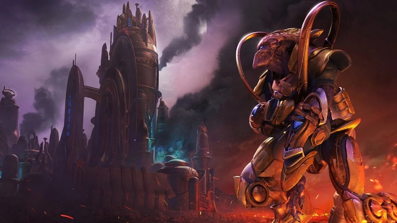 A Protoss warrior looks at a burning city in "StarCraft" (1998)