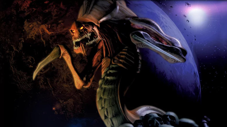 A Zerg roars in front of a planet in the background in "StarCraft" (1998)