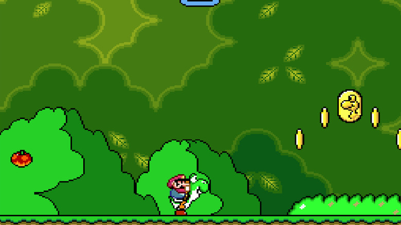Mario rides a Yoshi in a forest in "Super Mario World" (1990)
