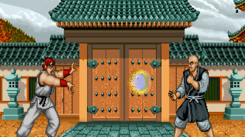 Ryu shoots a fireball at Retsu in Street Fighter