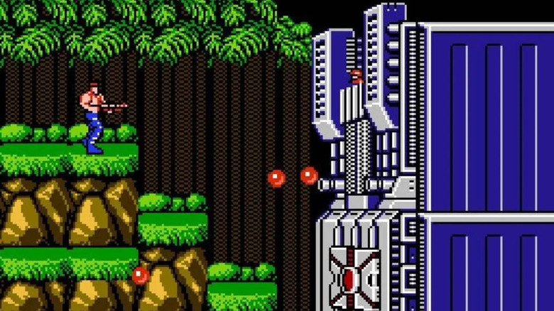 Bill Rizer approaches a futuristic enemy battle station in Contra