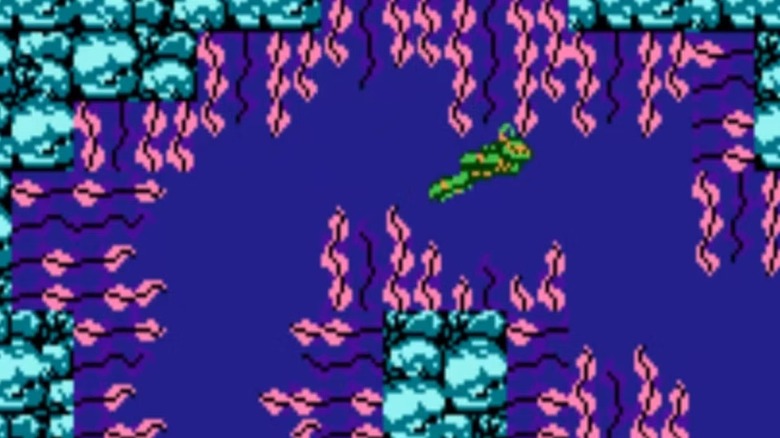 Michelangelo swims through water surrounded by electrified seaweed in Teenage Mutant Ninja Turtles (1989)