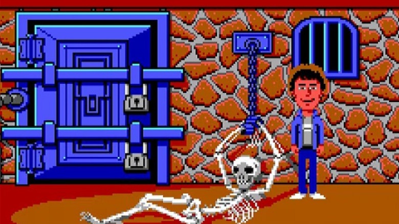 Dave Miller standing next to a skeleton in Maniac Mansion