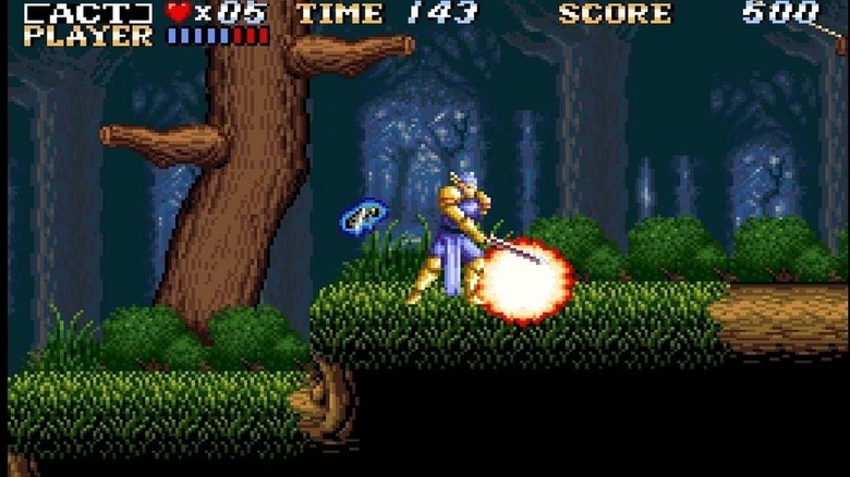 The Master strikes an enemy with his sword in a forest in ActRaiser