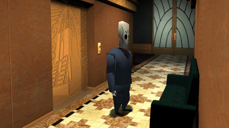 Manny Calavera stands by an elevator in a hallway in Grim Fandango