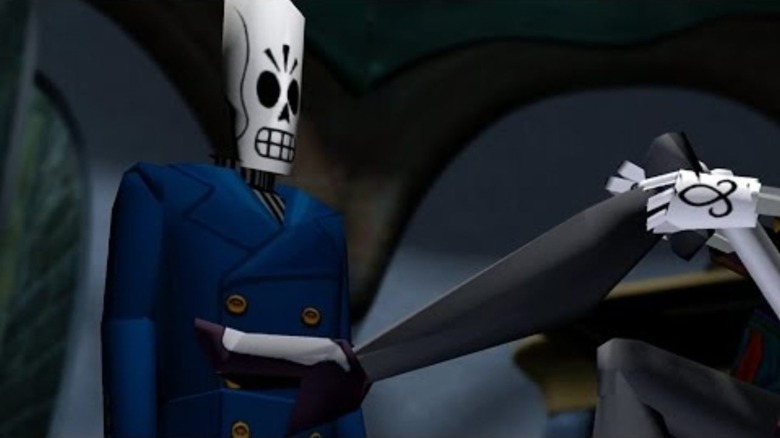 Manny and a lady re-enact the famous Graduate leg moment in Grim Fandango