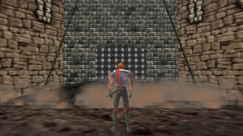 Reinhardt Schneider stands before a castle lowering its drawbridge in Castlevania (1999)