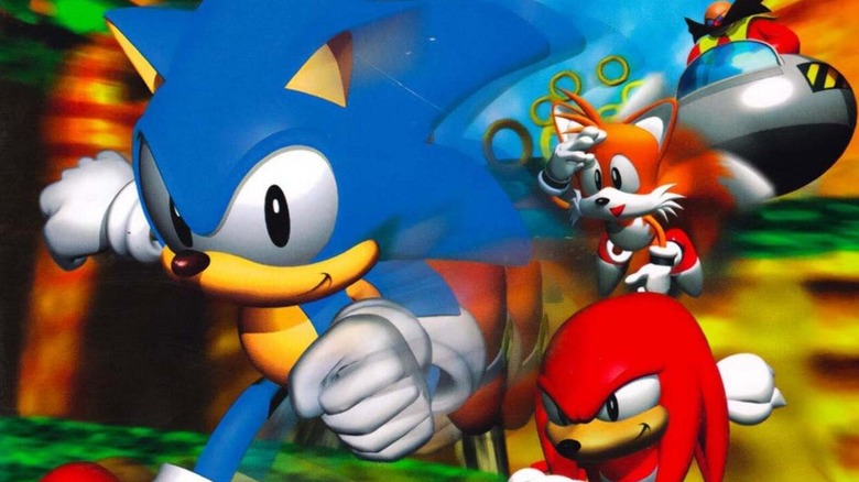 Sonic, Knuckles, Tails, and Robotnik race each other on the cover art for Sonic R