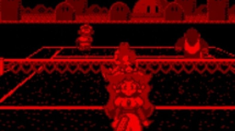 Peach walks away from a tennis net as Yoshi faces Donkey Kong Jr. and Luigi in Mario's Tennis