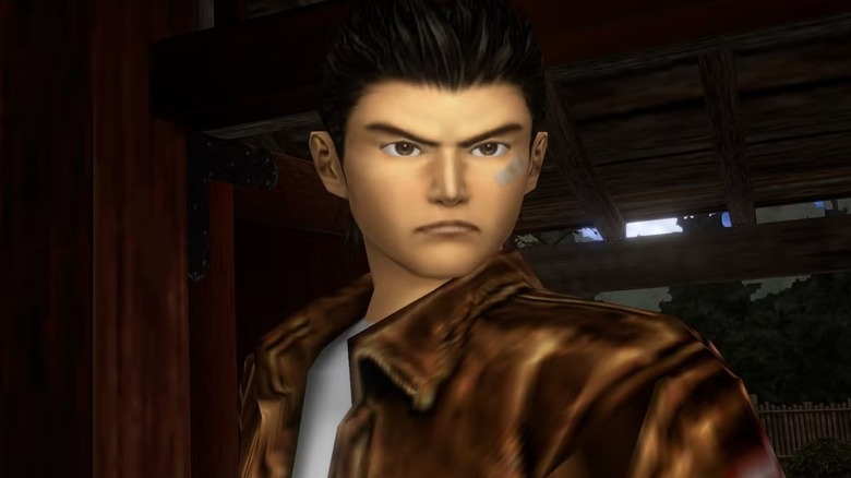 Ryo Hazuki stands looking serious with a bandage on his face in Shenmue
