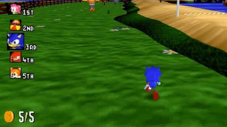 Sonic runs across a grassy field in Sonic R