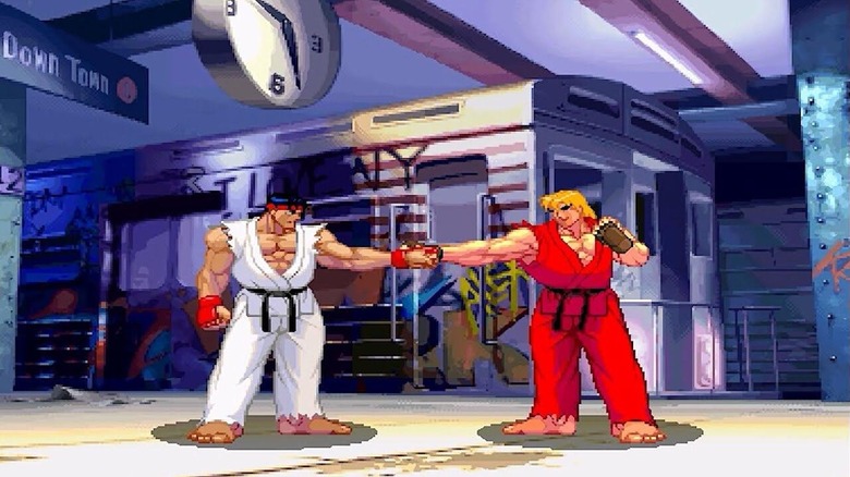 Ryu and Ken fist bump in a subway station in Street Fighter III: 3rd Strike