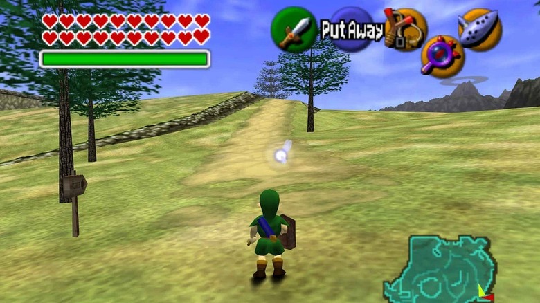 Young Link stands before a path through Hyrule Field in The Legend of Zelda: Ocarina of Time