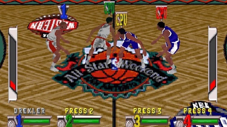 Two two-person basketball teams face each other on the court in NBA Jam Extreme