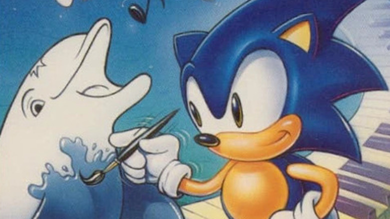 Sonic paints Ecco the Dolphin on the cover art for "Wacky Worlds Creativity Studio" (1994)
