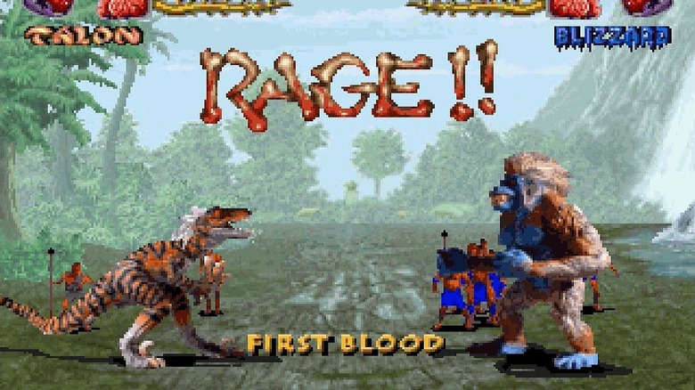 Talon faces Blizzard in a wet clearing in Primal Rage