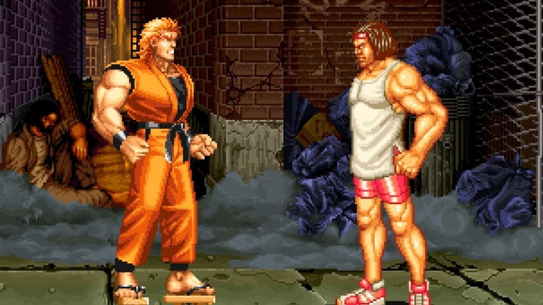 Ryo Sakazaki faces Mickey in a smoky alley in Art of Fighting