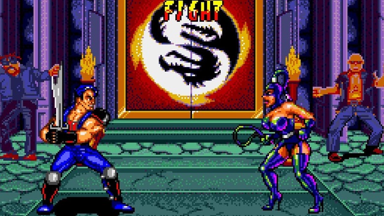 Billy Lee faces Dominique with a sword drawn in Double Dragon V: The Shadow Falls