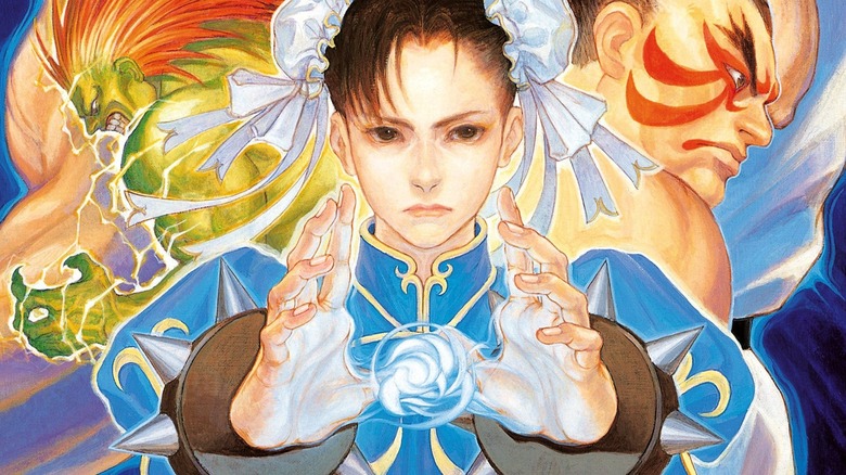 Chun-Li powers up an energy blast on the arcade flyer for Super Street Fighter II Turbo