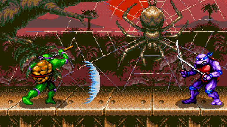 Donatello shoots an energy blast at Leonardo in a jungle with a giant spider watching in Teenage Mutant Ninja Turtles: Tournament Fighters
