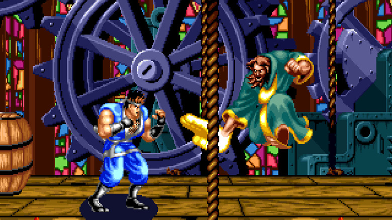 Rasputin lunges at Hattori Hanzo inside a clock tower in World Heroes
