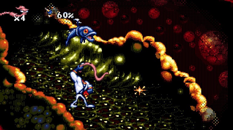 Earthworm Jim whips his head in an intestinal tract in "Earthworm Jim" (1994)