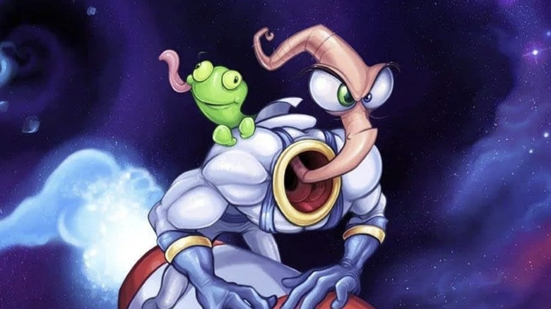 Earthworm Jim and friend ride a rocket on the cover art of "Earthworm Jim" (1994)