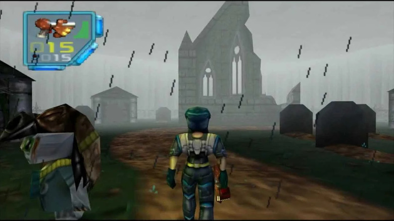 Juno stands in a rainy graveyard in "Jet Force Gemini" (1999)
