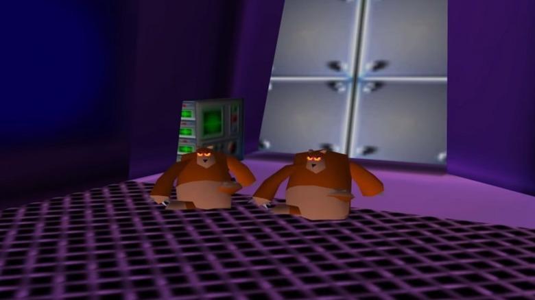 Two beavers walk down a futuristic hallway in "Space Station Silicon Valley" (1998)