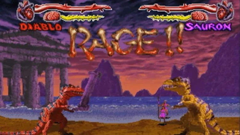 Diablo and Sauron face each other on a beach in Primal Rage