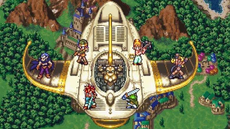 Crono and his friends ride on an airship over a kingdom in Chrono Trigger