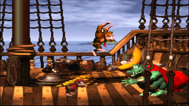 Donkey Kong and Diddy Kong lunge at King K. Rool in Donkey Kong Country