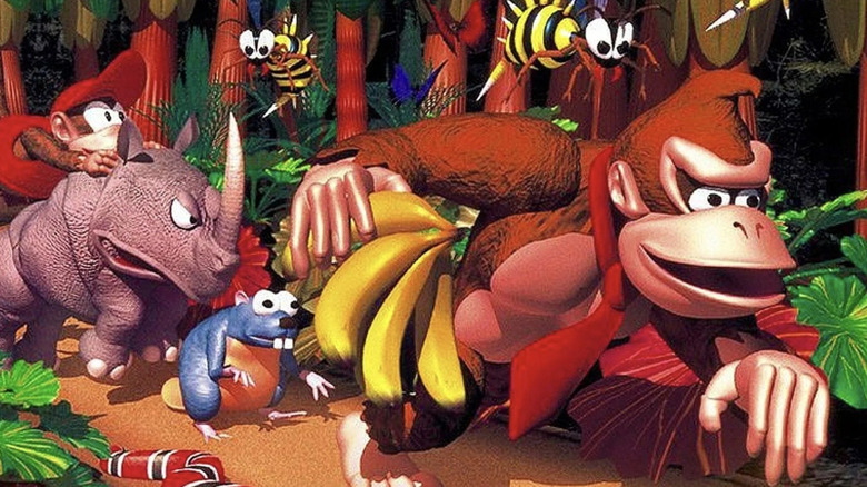 Donkey Kong leads a parade of animals through a jungle on the cover art for Donkey Kong Country