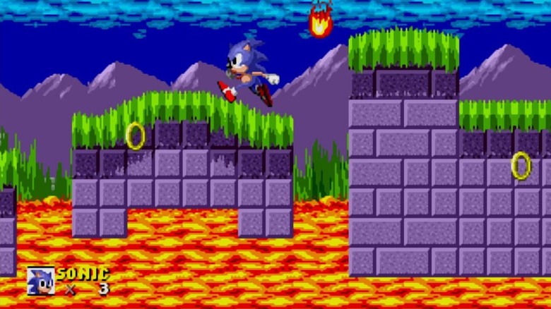 Sonic runs across a platform over lava in Sonic the Hedgehog (1991)