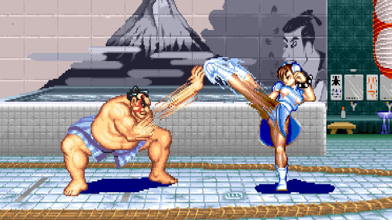 E. Honda and Chun-Li attack each other in a bathhouse in Street Fighter II: The World Warrior