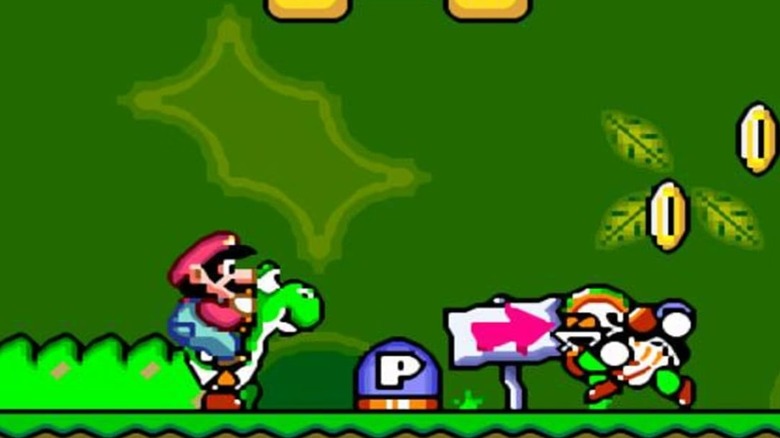Mario rides a Yoshi while facing a Charging Chuck in Super Mario World