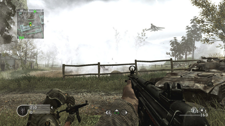 Two soldiers watch as a bomber approaches in Call of Duty 4: Modern Warfare