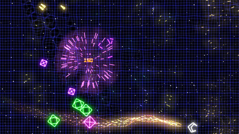 A white spaceship speeds away from purple and green squares in Geometry Wars: Retro Evolved
