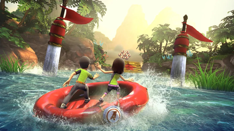 A raft with two people heads towards a ramp on a river in Kinect Adventures!
