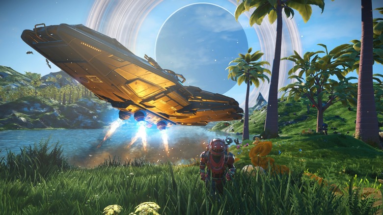 A Traveller walks away from a spaceship landing on a lake in "No Man's Sky" (2016)