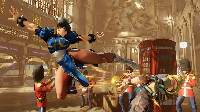 Chun-Li kicks Charlie Nash in the face as a British brass band plays behind them in "Street Fighter V" (2016)