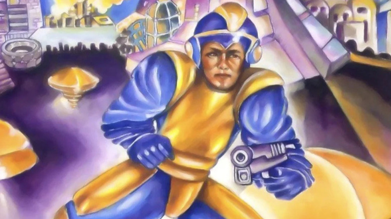 A blue and yellow Mega Man awkwardly holds a gun on the North American cover art for Mega Man